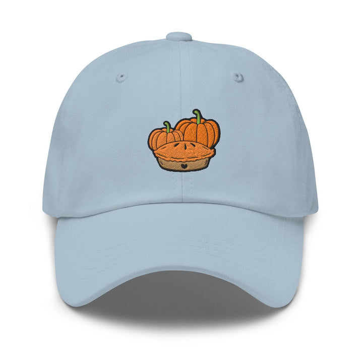 a light blue hat with a pumpkin in a basket embroidered on the front