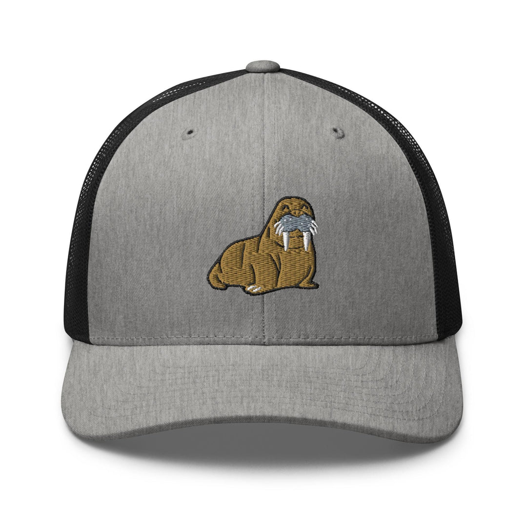 a gray and black trucker hat with an image of a beaver
