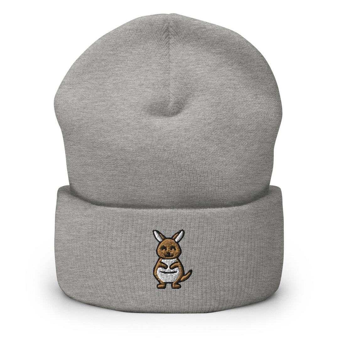 a grey beanie with a kangaroo on it