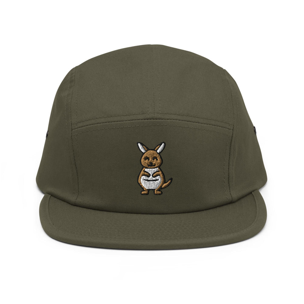 a green hat with a kangaroo embroidered on it