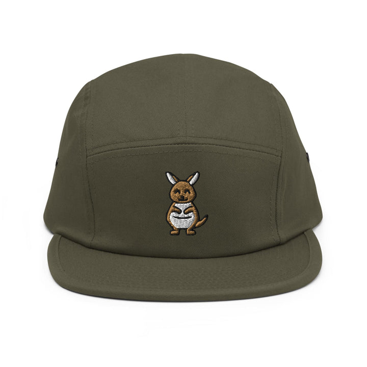 a green hat with a kangaroo embroidered on it