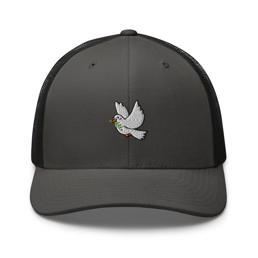 a gray and black trucker hat with a white bird embroidered on the front
