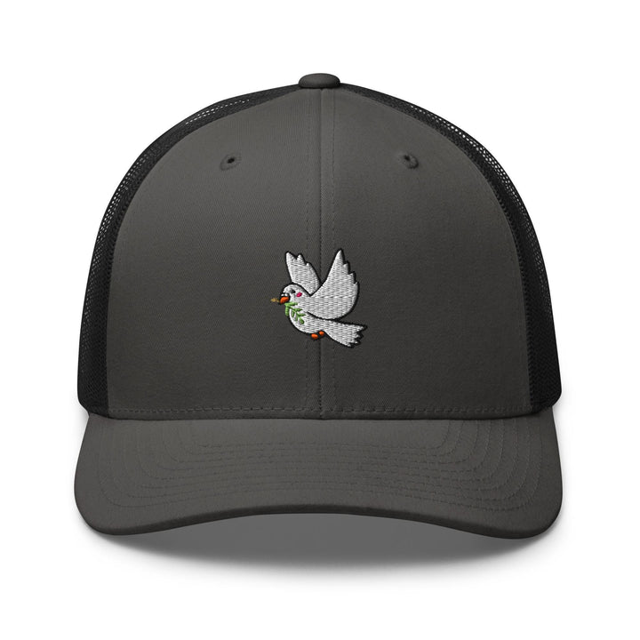 a gray and black trucker hat with a white bird embroidered on the front