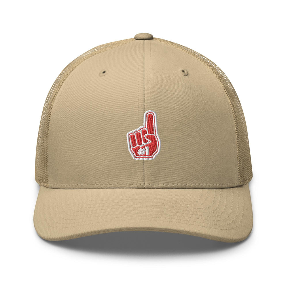 a tan trucker hat with a red hand sign