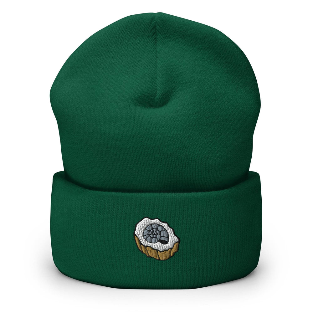 a green beanie with a picture of a cupcake on it