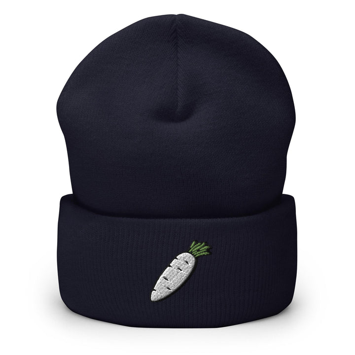 a beanie hat with a carrot embroidered on it