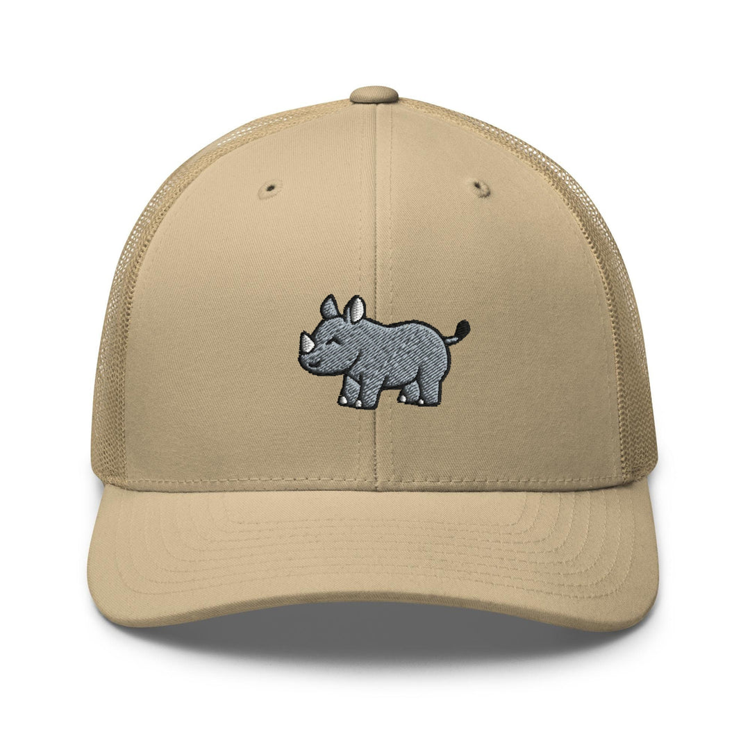 a tan hat with a rhino embroidered on the front
