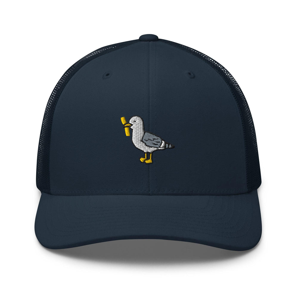 a blue trucker hat with a duck embroidered on the front