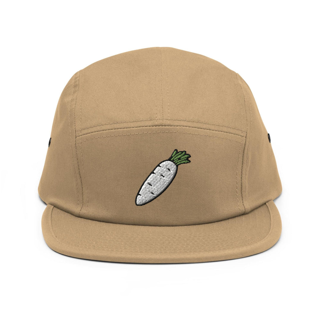 a brown hat with a carrot embroidered on it