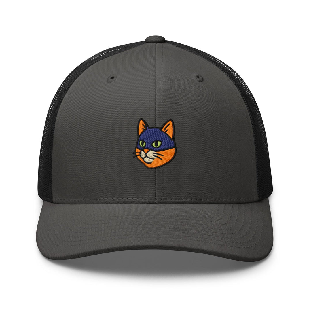 a gray trucker hat with a cartoon cat on it
