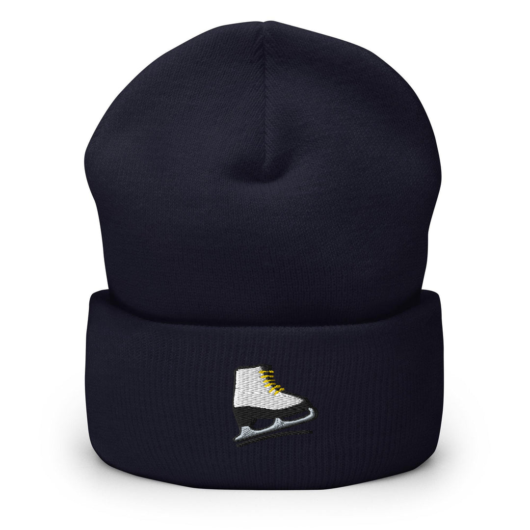 a blue beanie with a white and yellow shoe on it