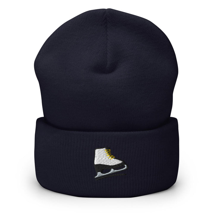 a blue beanie with a white and yellow shoe on it