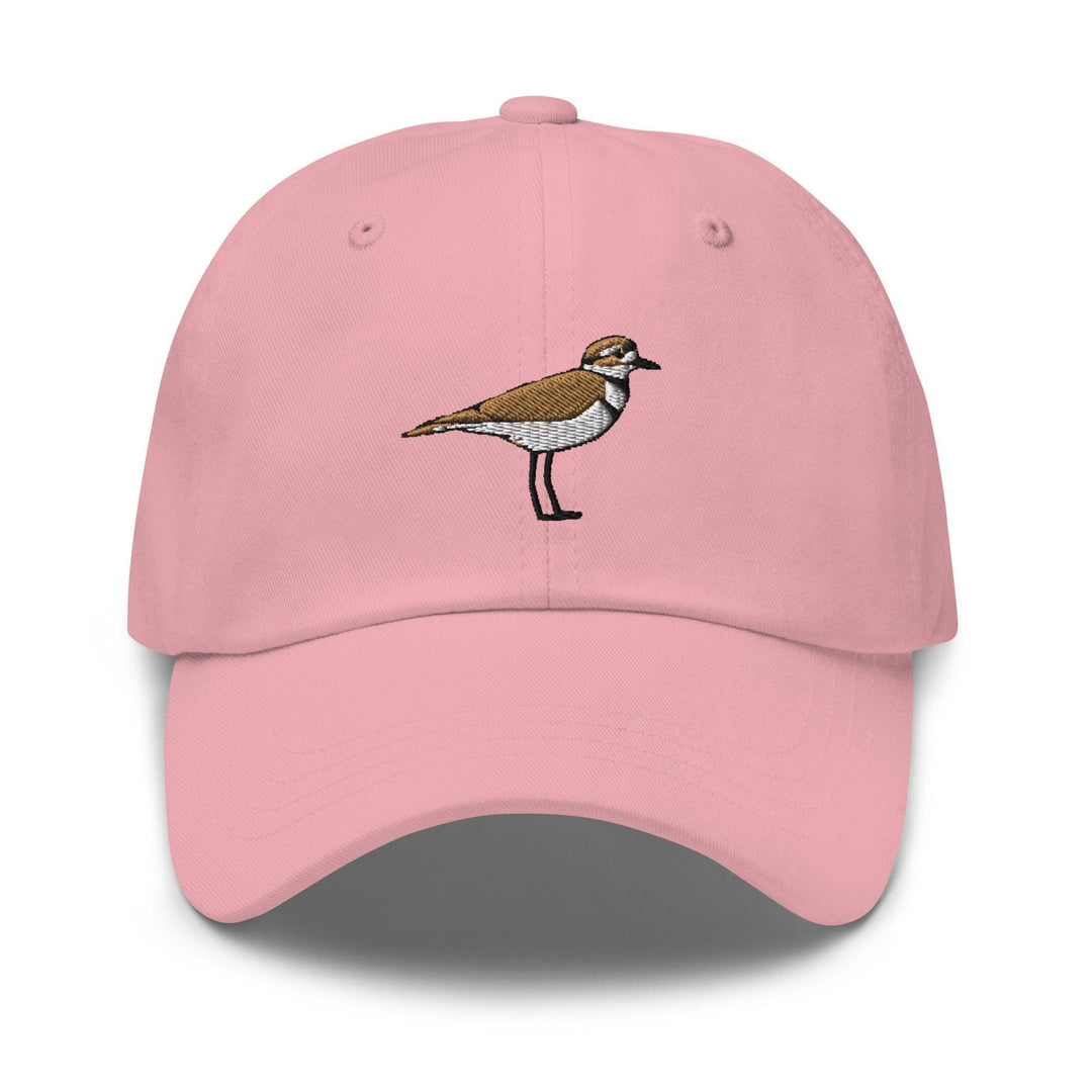a pink hat with a bird embroidered on it