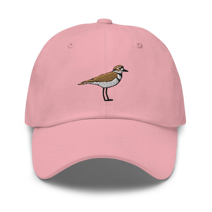 a pink hat with a bird embroidered on it