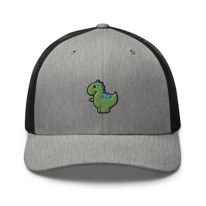 a gray and black trucker hat with a green dinosaur embroidered on the front