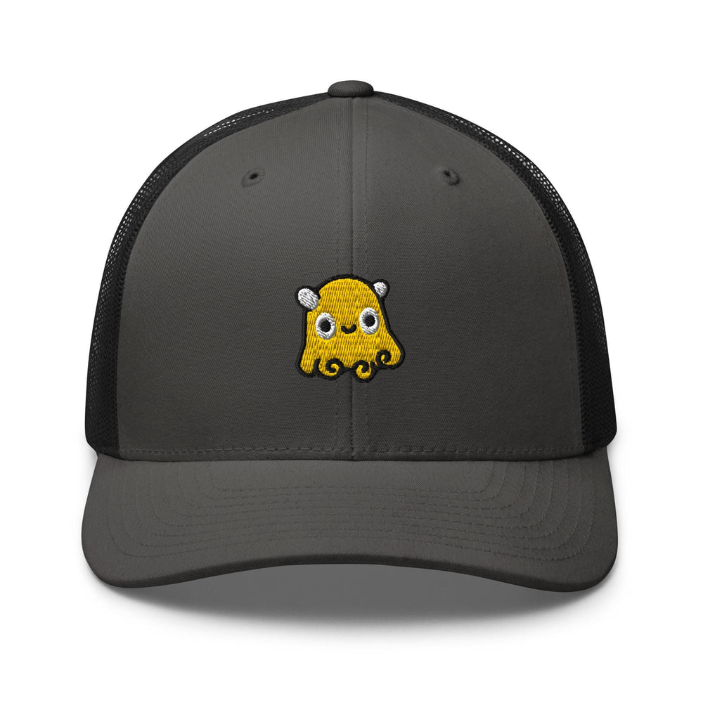 a gray and black trucker hat with an image of a yellow octopus