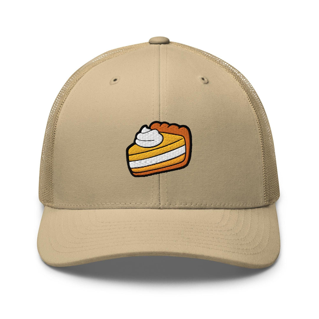 a tan hat with a piece of pie on it