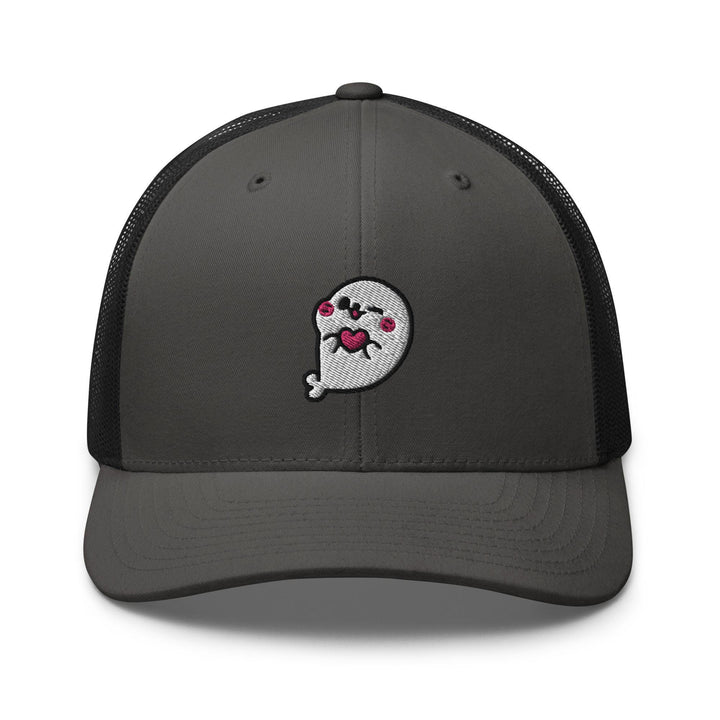 a gray and black trucker hat with a skull on it