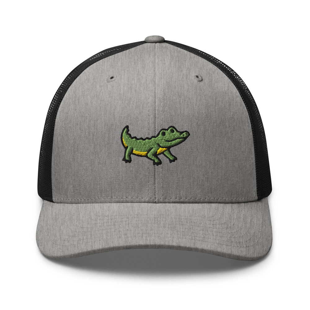 a gray and black hat with a green alligator on it