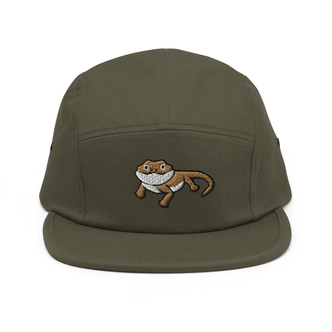 a green hat with a picture of a cat on it
