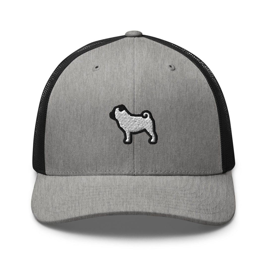 a gray and black hat with a dog embroidered on it