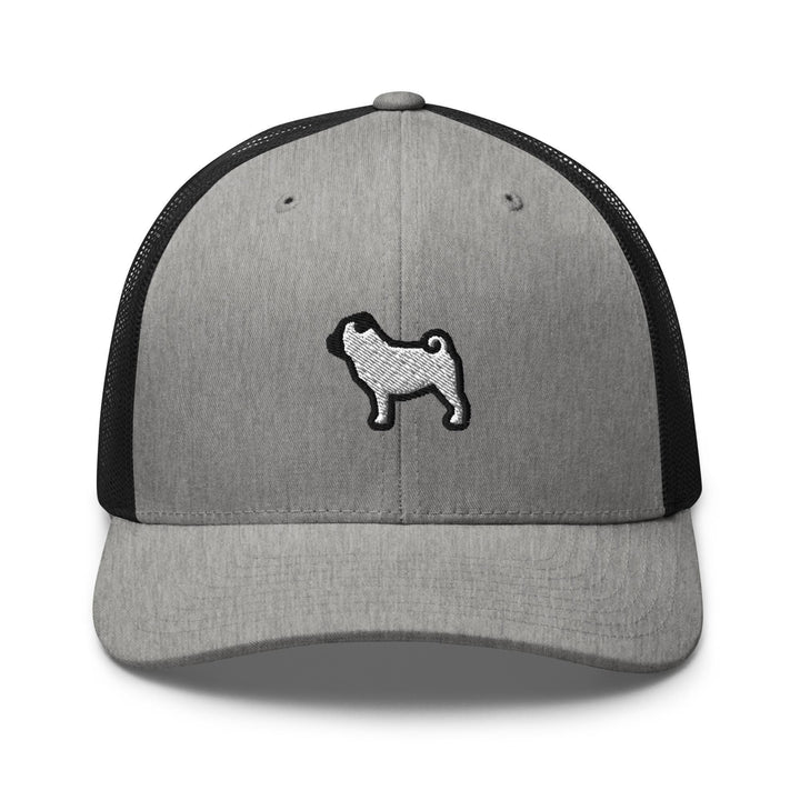 a gray and black hat with a dog embroidered on it