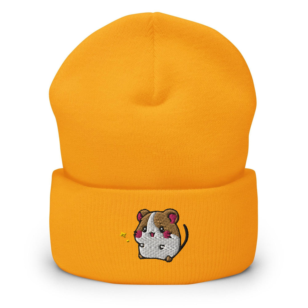 a yellow beanie with a cartoon mouse on it