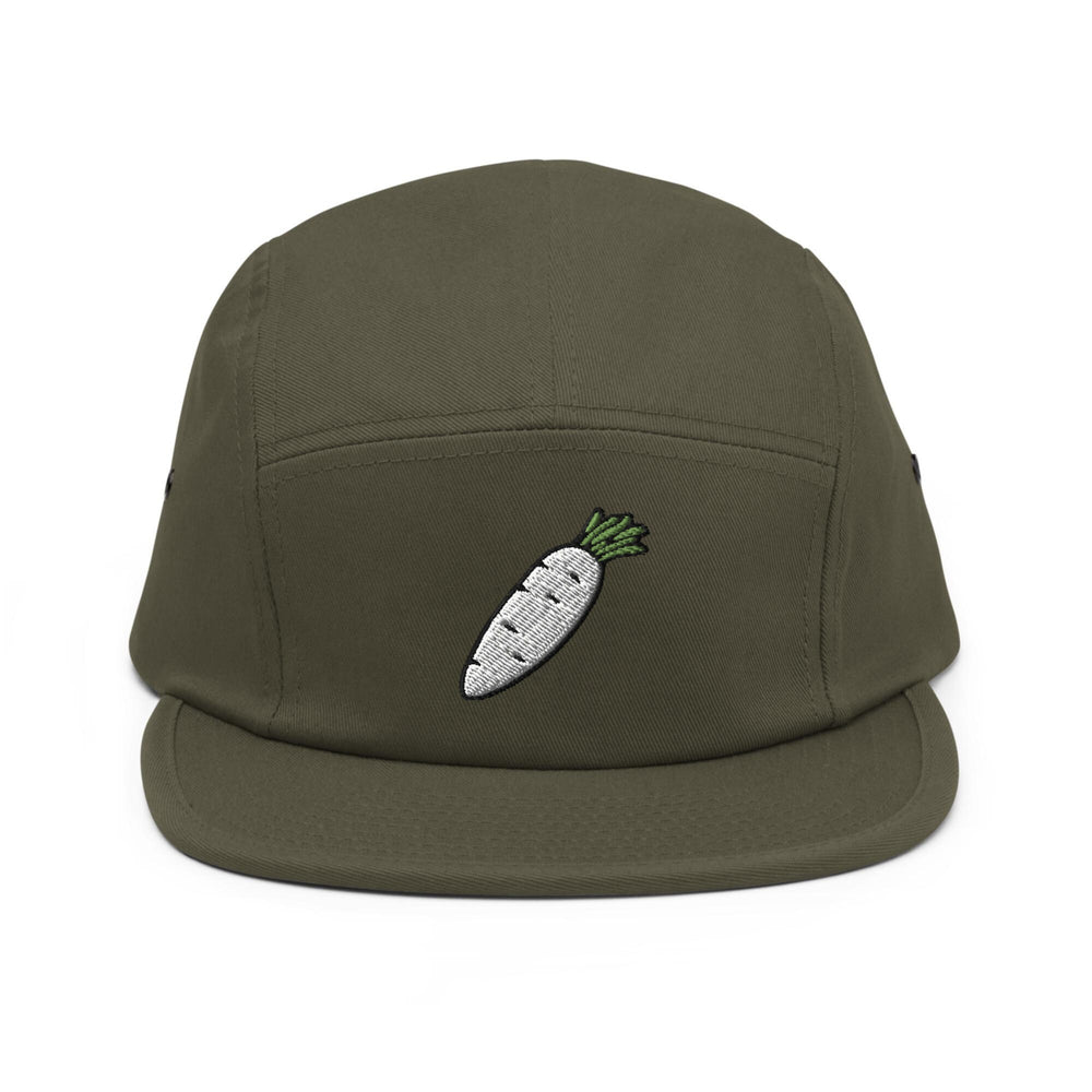 a green hat with a carrot embroidered on it
