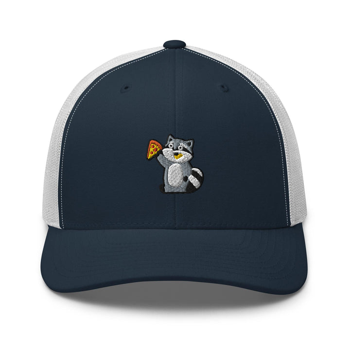 a blue and white trucker hat with a cat holding a pizza slice