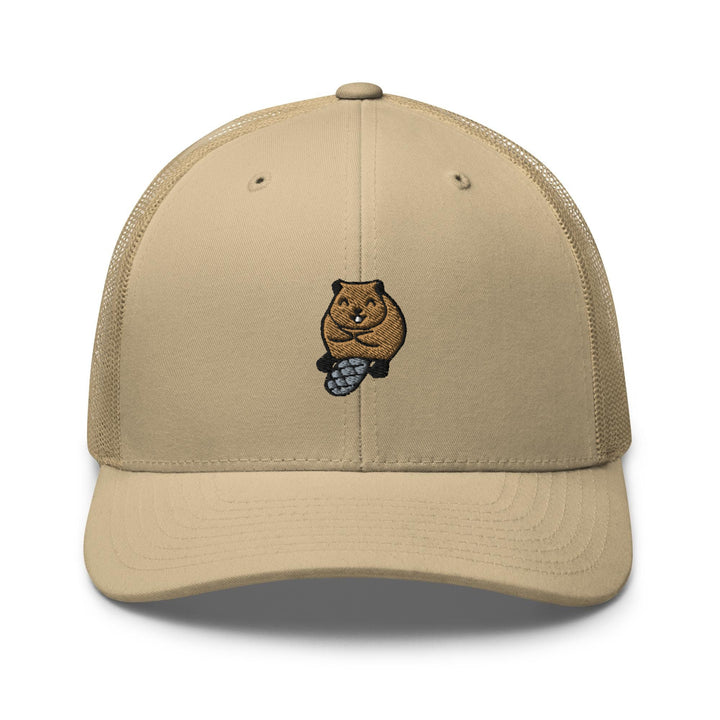 a tan trucker hat with a brown bear embroidered on the front