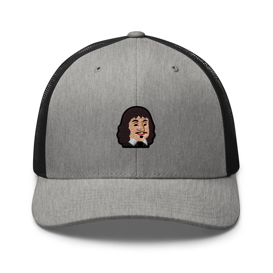a gray and black trucker hat with a picture of a man&#39;s face