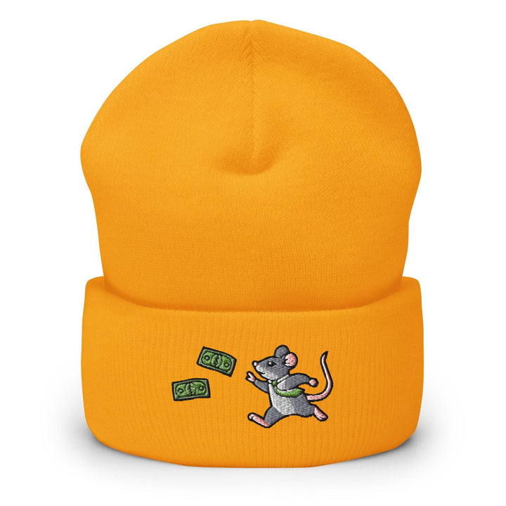 a yellow hat with a cartoon mouse on it