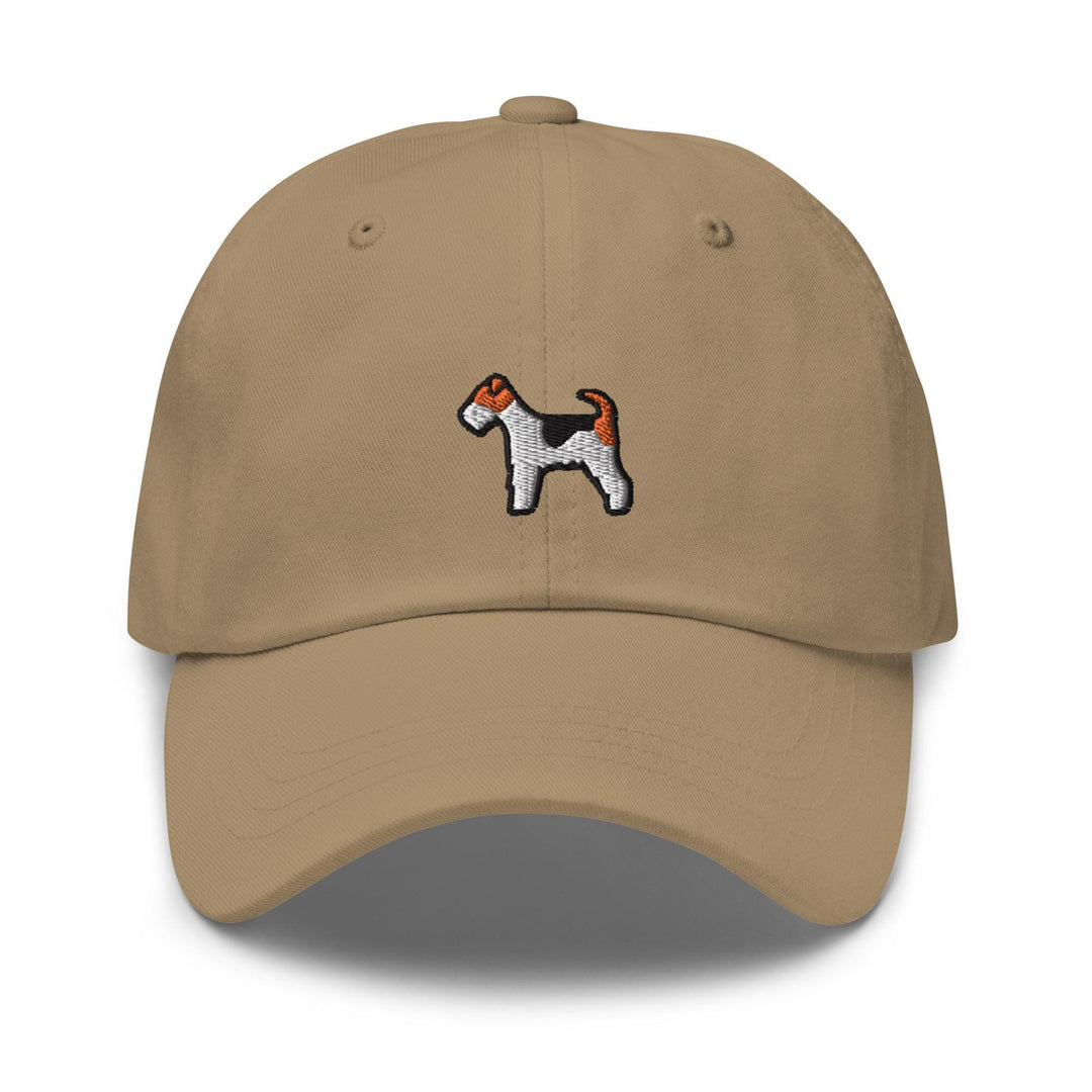 a tan hat with a dog embroidered on it