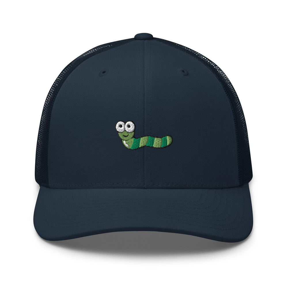 a blue hat with a green caterpillar embroidered on it