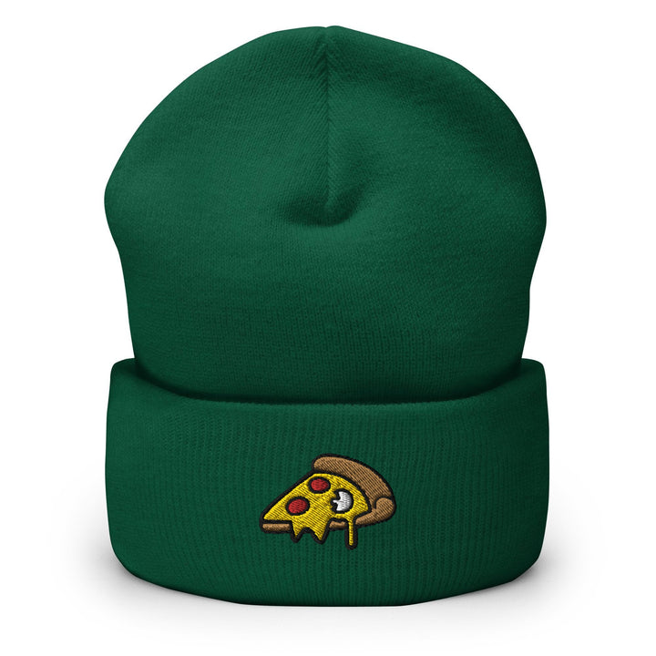 a green beanie with a slice of pizza on it