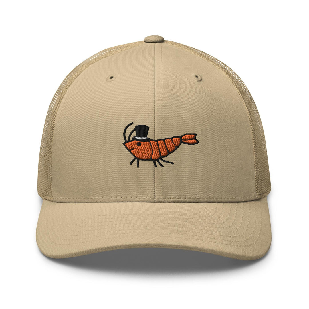 a tan trucker hat with a picture of a shrimp on it