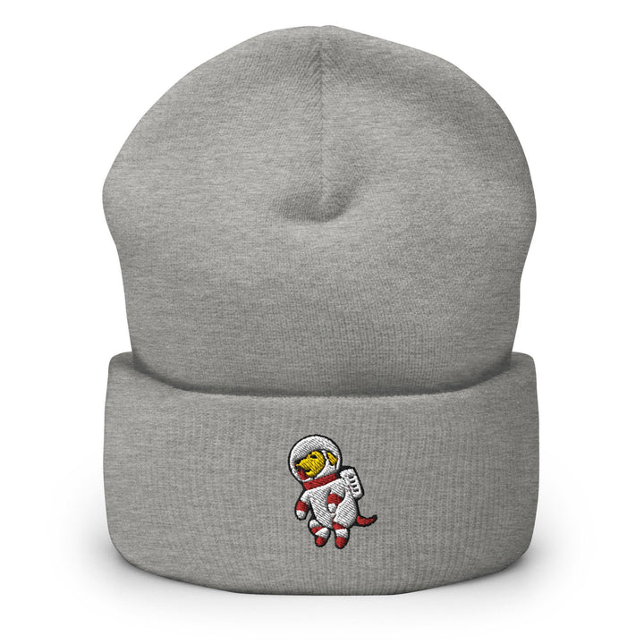 a gray beanie with a cartoon character on it