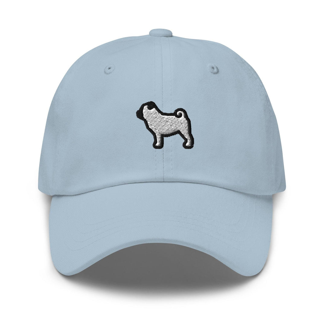 a light blue hat with a black dog embroidered on it