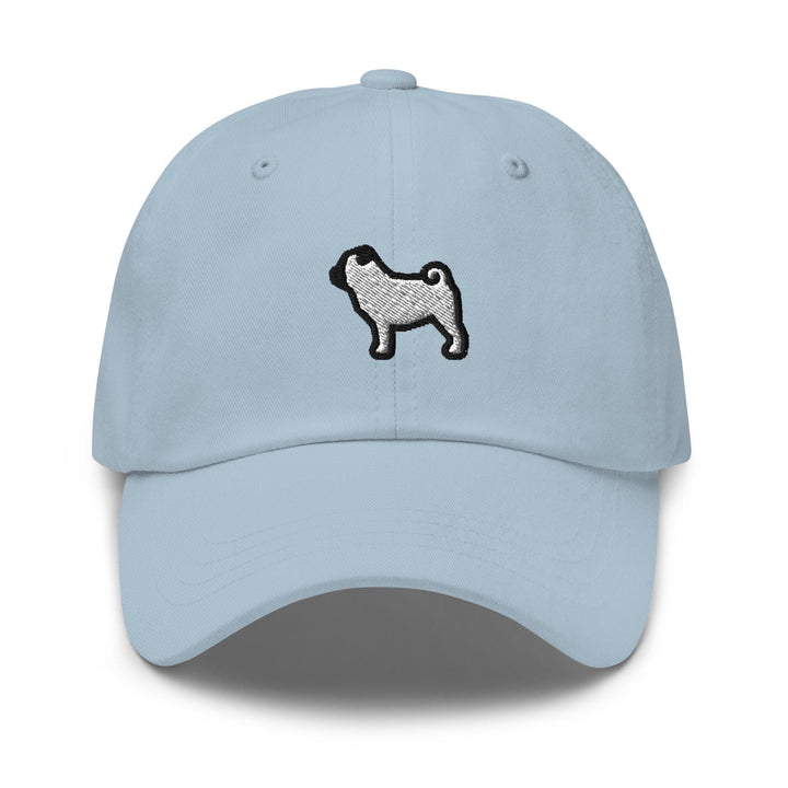 a light blue hat with a black dog embroidered on it