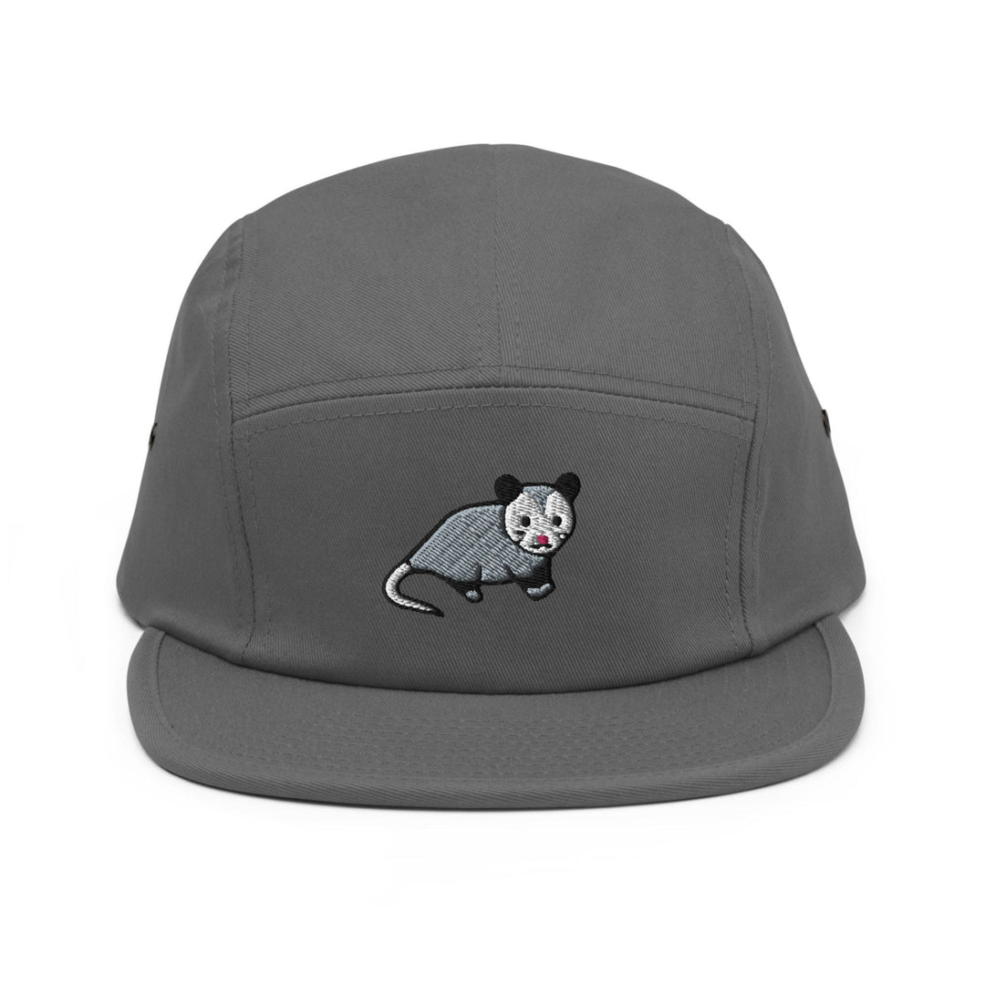 a gray hat with a panda on it