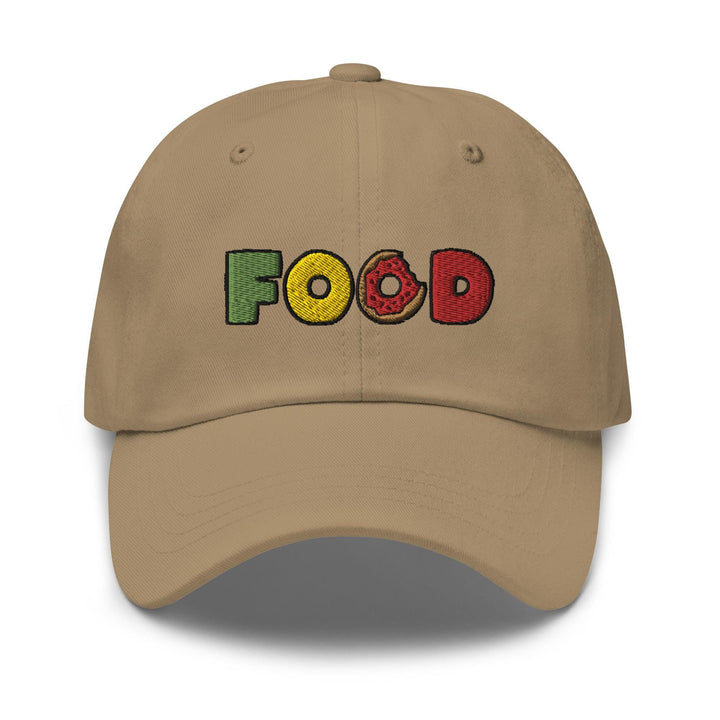 a hat with the word food painted on it
