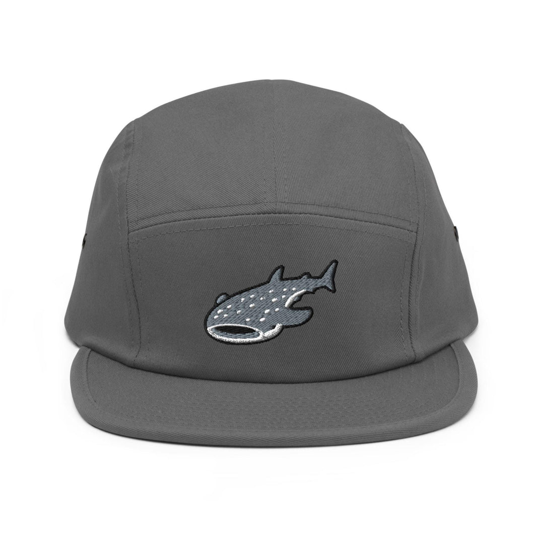 a gray hat with a fish embroidered on it