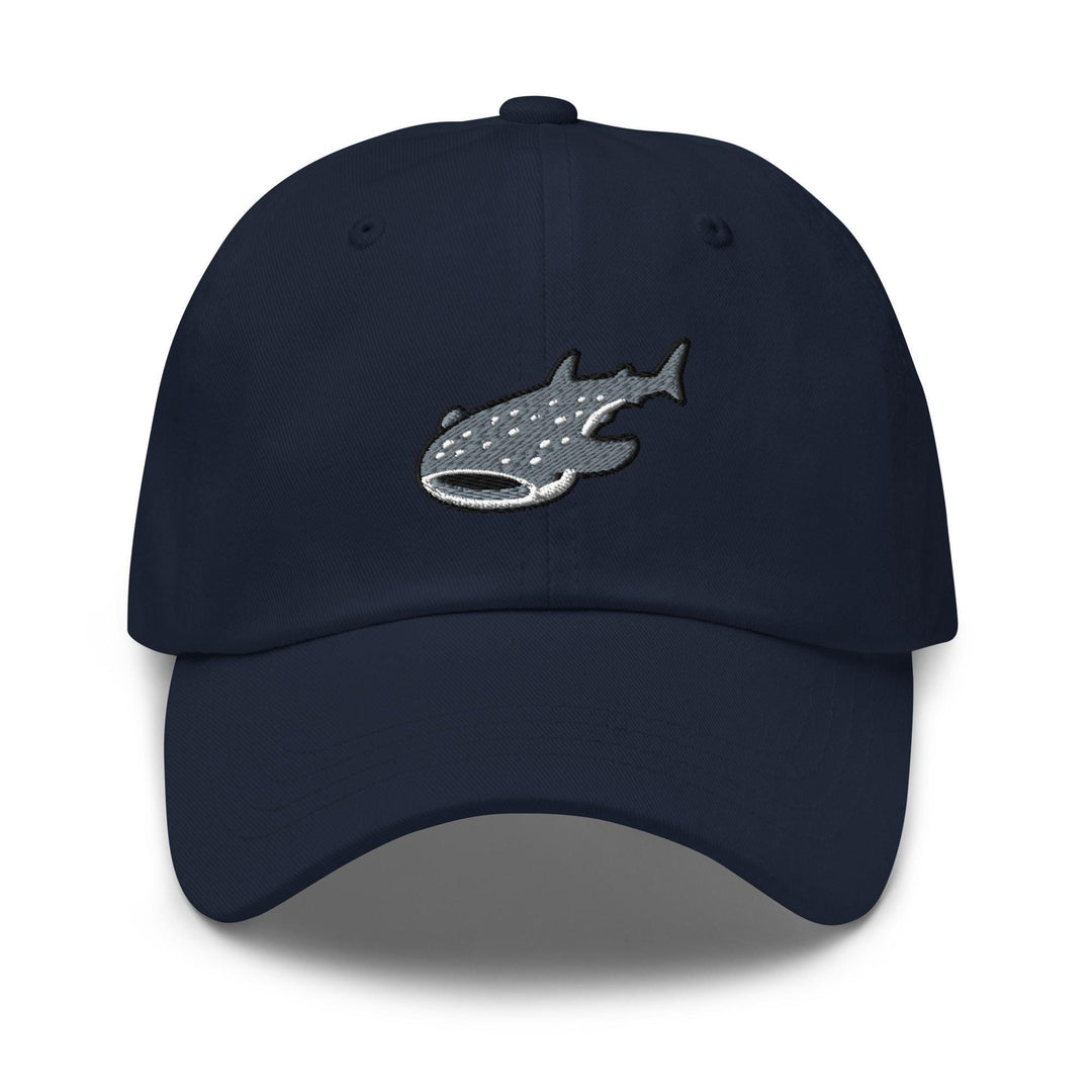 a blue hat with a fish embroidered on it