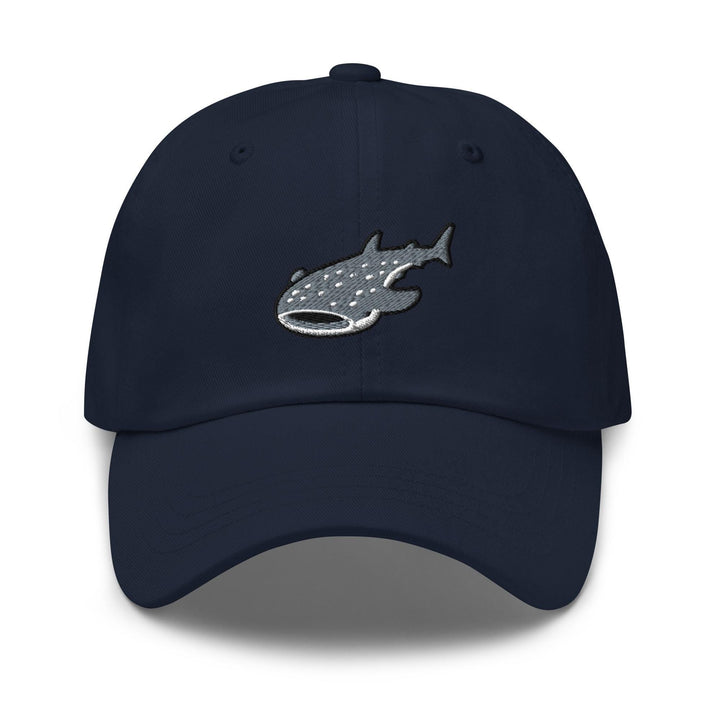 a blue hat with a fish embroidered on it