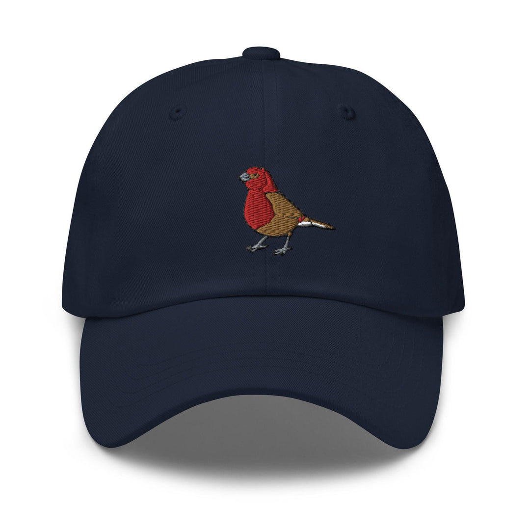 a blue hat with a bird embroidered on it