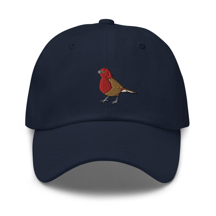 a blue hat with a bird embroidered on it