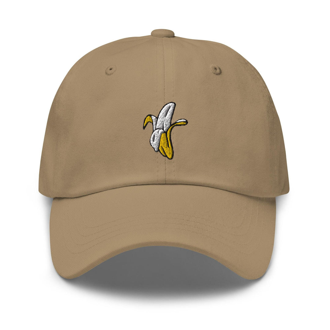a baseball cap with a banana embroidered on it