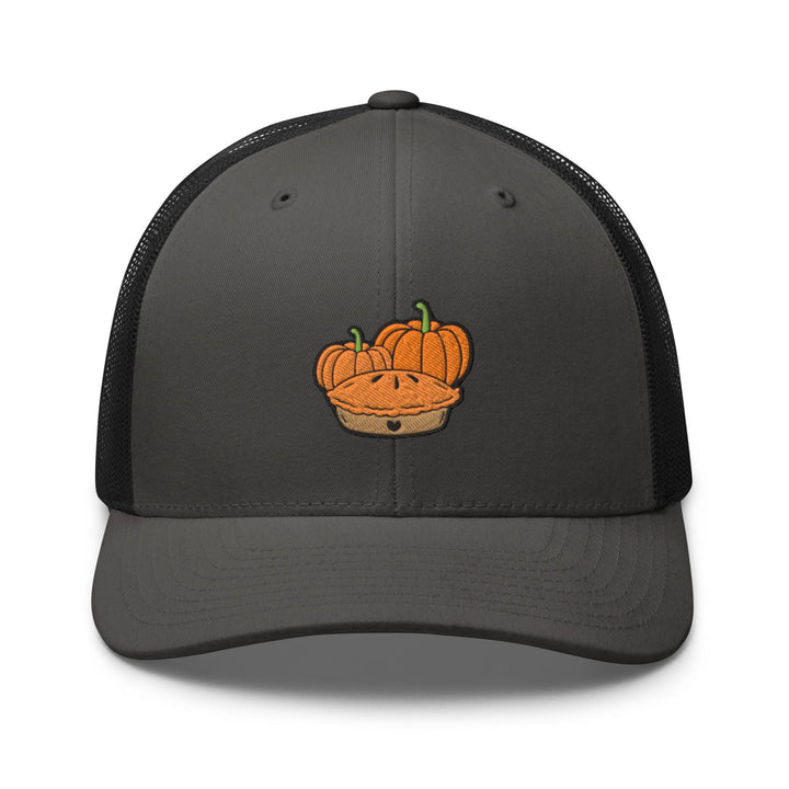 a gray and black trucker hat with a picture of a pumpkin in a basket