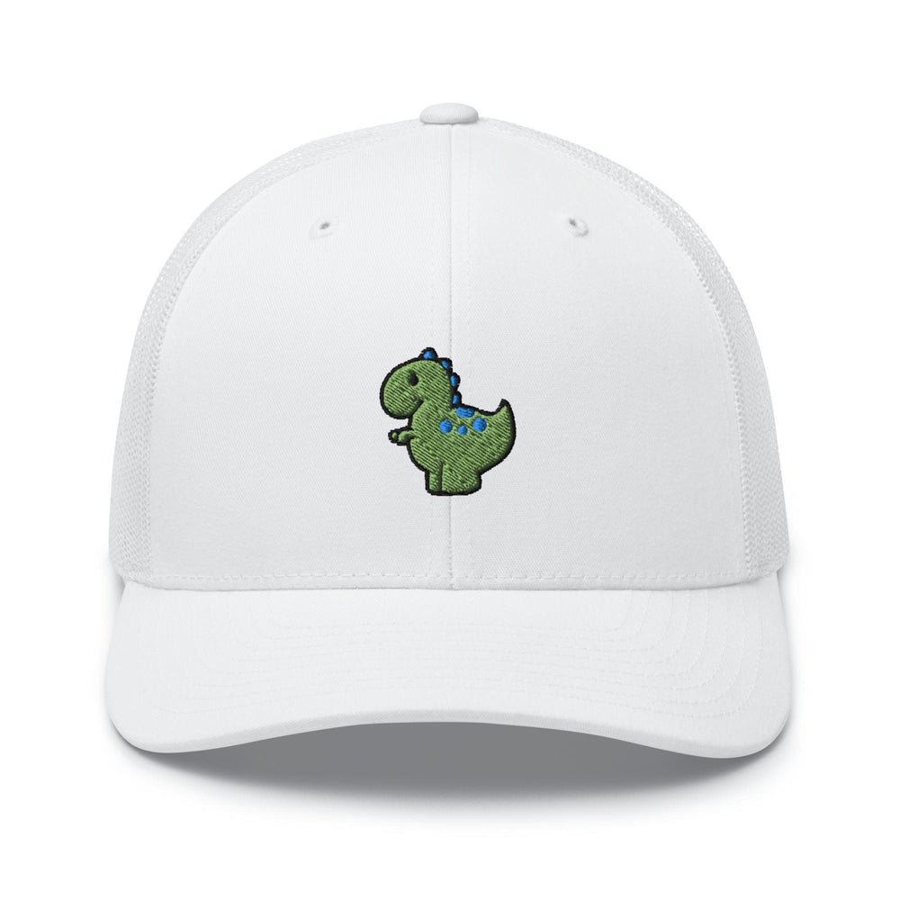 a white hat with a green dinosaur embroidered on it