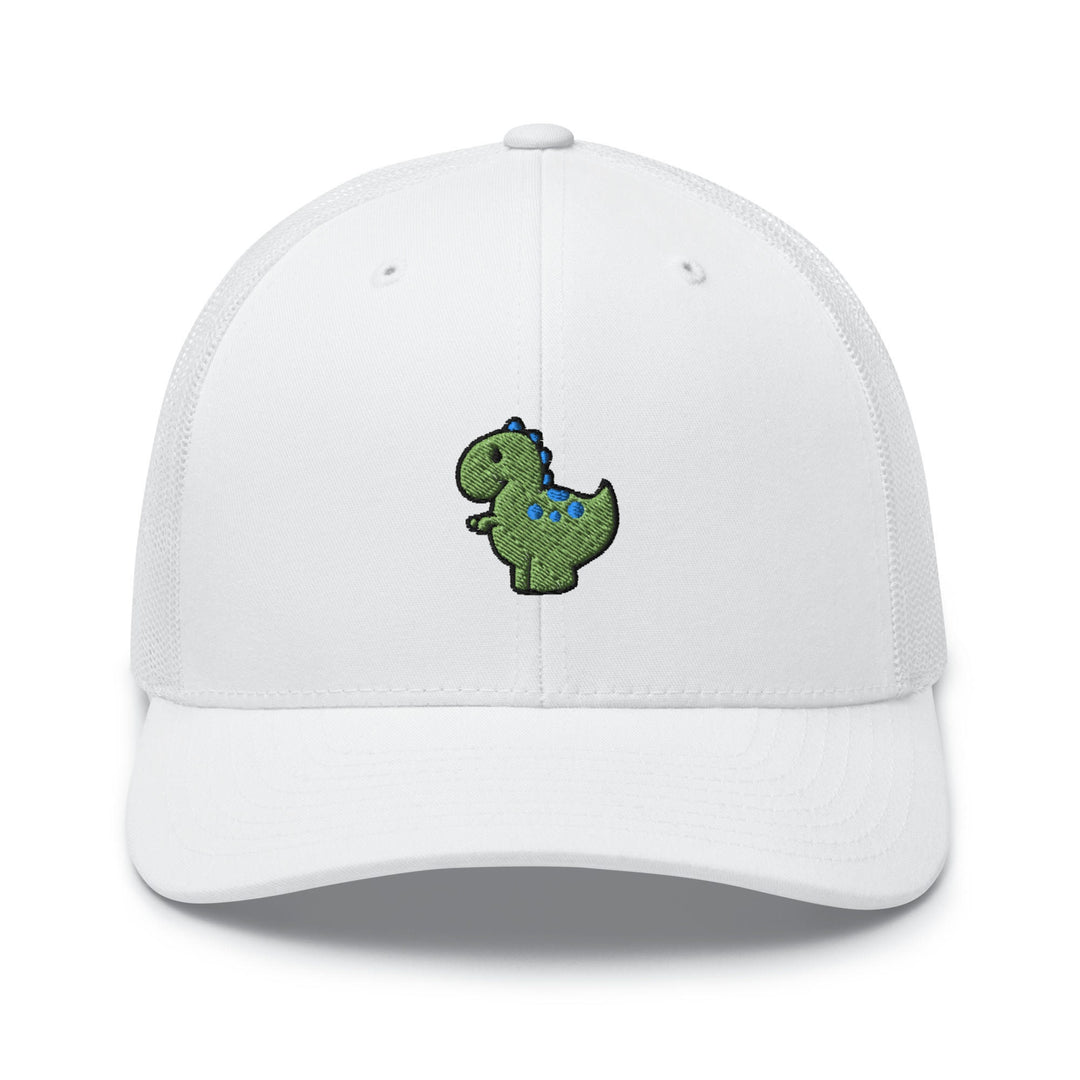 a white hat with a green dinosaur embroidered on it